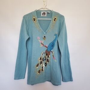 STORYBOOK KNIT SWEATER 'VINTAGE PEACOCK' BLUE HAND-LOOMED EMBELLISHMENTS  (L)